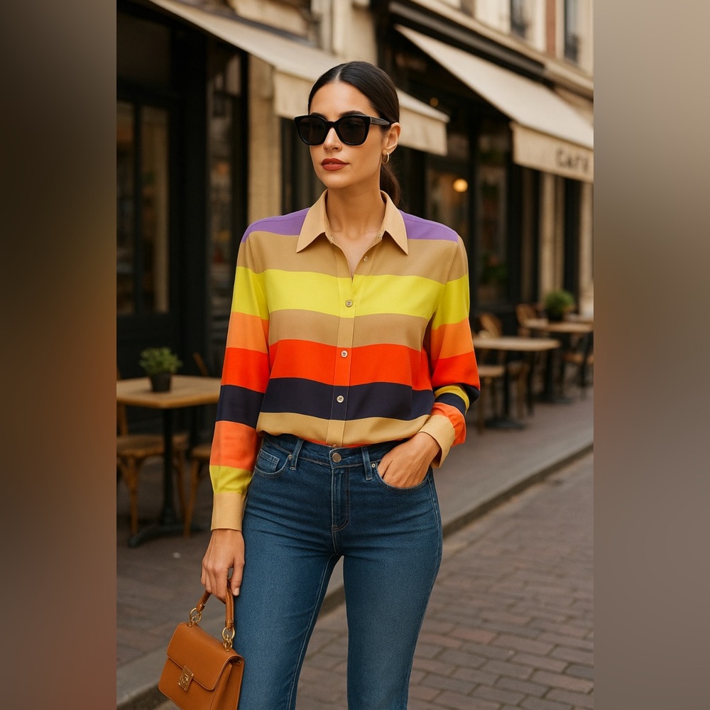 Cremieux Multicolor Sheer Stripe Button-Down Blouse
